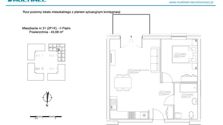 Rzut - Mieszkanie na sprzedaż 2 pokoje o powierzchni 43,68 m² - numer 31D w Dominów Rynek