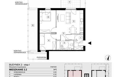 Rzut - Mieszkanie na sprzedaż 3 pokoje o powierzchni 54,33 m² - numer 2.2 w Jasieny