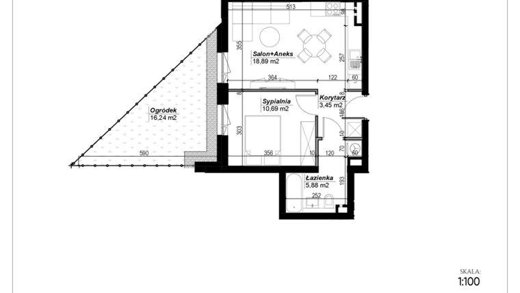 Rzut - Mieszkanie na sprzedaż 2 pokoje o powierzchni 38,91 m² - numer D.34 w Narcyzowe Wzgórza II