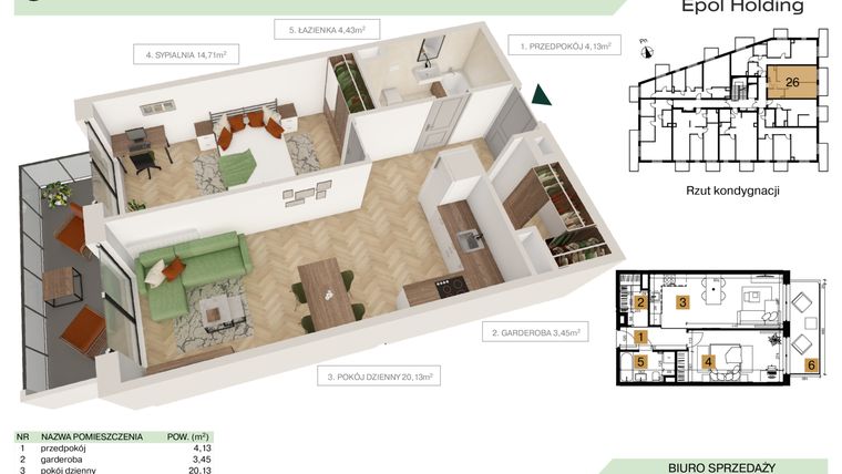 Rzut - Mieszkanie na sprzedaż 2 pokoje o powierzchni 46,85 m² - numer B1.M26 w Tutaj Bunscha