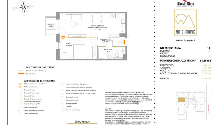 Rzut - Mieszkanie na sprzedaż 2 pokoje o powierzchni 51,35 m² - numer B14 w Na Skarpie bud. B