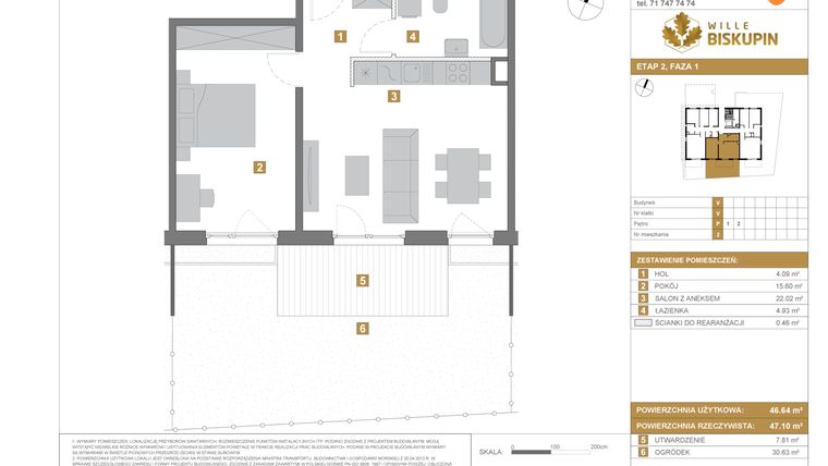 Rzut - Mieszkanie na sprzedaż 2 pokoje o powierzchni 46,64 m² - numer V2 w Wille Biskupin Etap 2.1