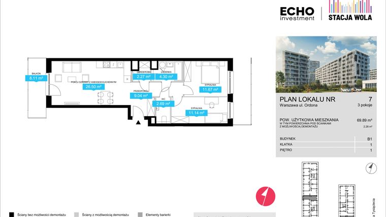 Rzut - Mieszkanie na sprzedaż 3 pokoje o powierzchni 70,86 m² - numer B1.7 w Stacja Wola - Etap II