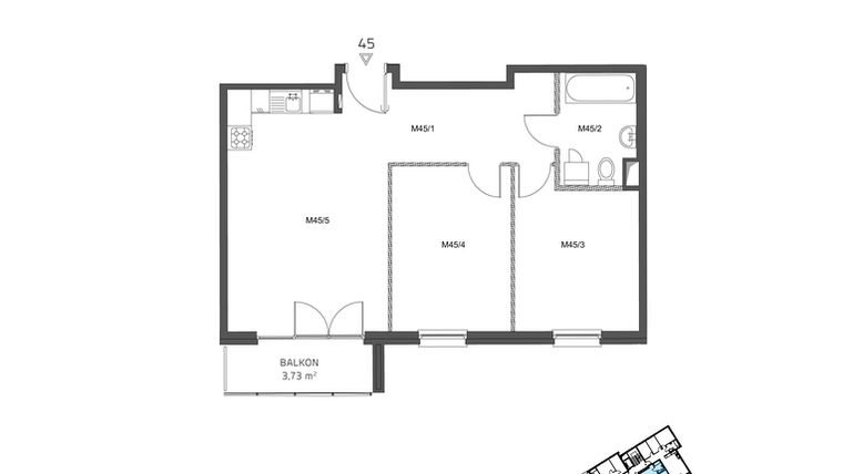 Rzut - Mieszkanie na sprzedaż 3 pokoje o powierzchni 61,09 m² - numer 45 w Wzgórze Krzemionki II