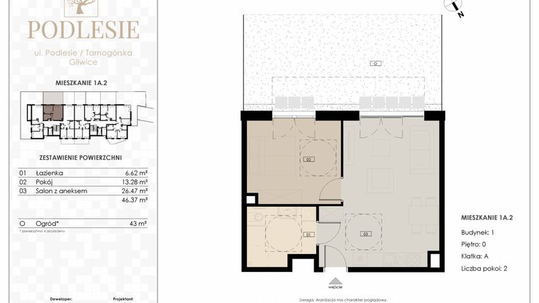 Rzut - Mieszkanie na sprzedaż 2 pokoje o powierzchni 46,37 m² - numer 1A.2 w Podlesie