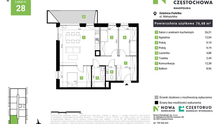 Rzut - Mieszkanie na sprzedaż 4 pokoje o powierzchni 76,48 m² - numer D28 w Nowa Częstochowa Małopolska etap II