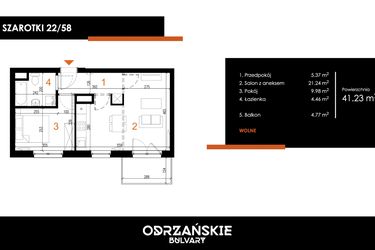 Rzut - Mieszkanie na sprzedaż 2 pokoje o powierzchni 41,23 m² - numer 22/58 w Odrzańskie Bulvary