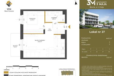 Rzut - Mieszkanie na sprzedaż 2 pokoje o powierzchni 44,92 m² - numer 27 w Apartamenty 3 Maja
