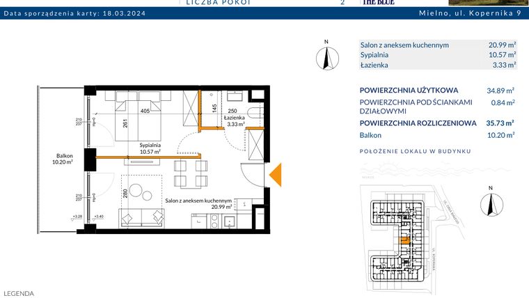 Rzut - Mieszkanie na sprzedaż 2 pokoje o powierzchni 35,73 m² - numer 1.03 w The Blue