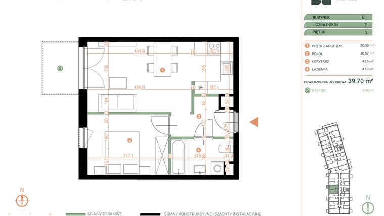 Rzut - Mieszkanie na sprzedaż 2 pokoje o powierzchni 39,7 m² - numer M.02.05 w Casa Feliz Portowa II