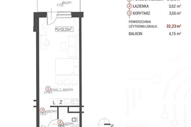 Rzut - Mieszkanie na sprzedaż 1 pokój o powierzchni 32,23 m² - numer 103 w Wróblewskiego 1