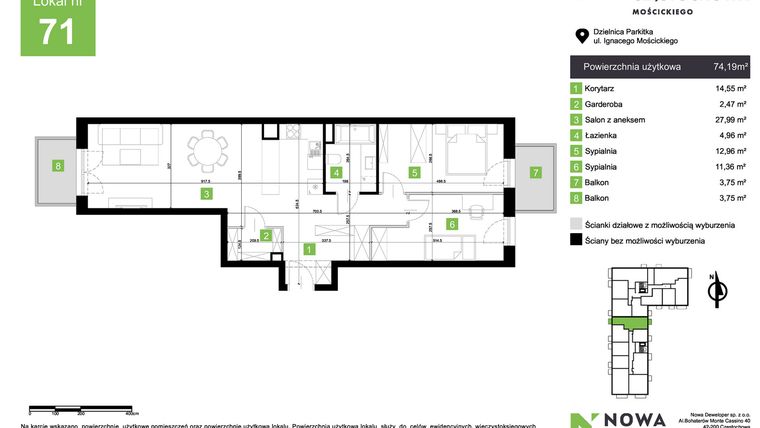 Rzut - Mieszkanie na sprzedaż 3 pokoje o powierzchni 74,19 m² - numer M71 w Nowa Częstochowa Mościckiego