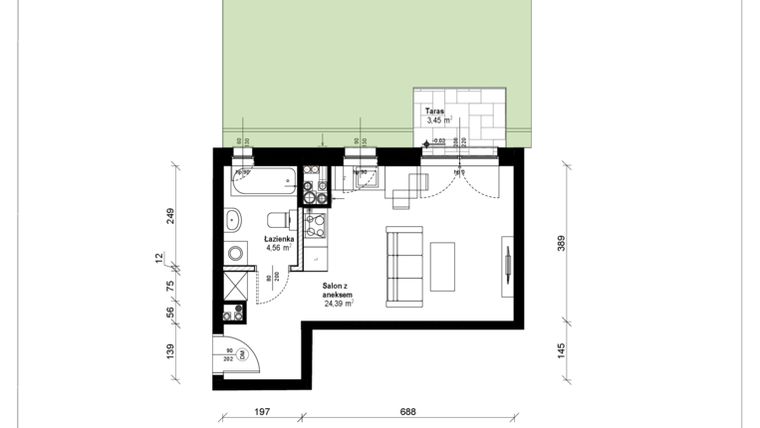 Rzut - Mieszkanie na sprzedaż 1 pokój o powierzchni 29,14 m² - numer A.0.03.1a w ATRIUM
