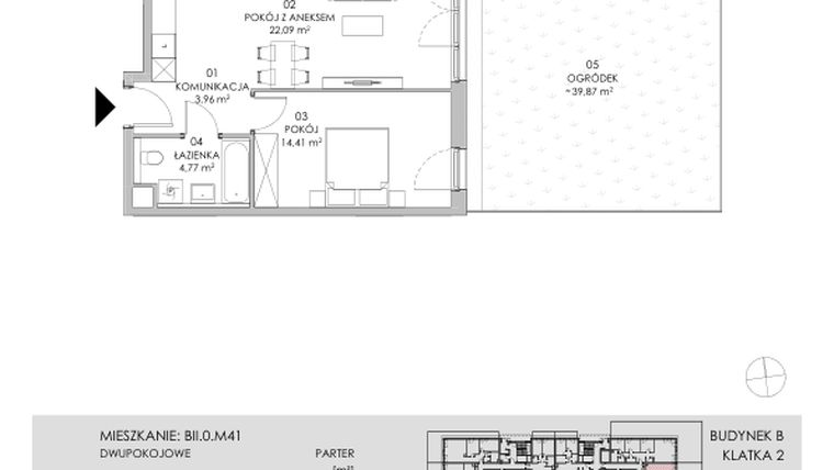 Rzut - Mieszkanie na sprzedaż 2 pokoje o powierzchni 45,23 m² - numer BII.0.M41 w Przewóz 42 ATAL II