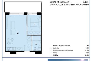 Rzut - Mieszkanie na sprzedaż 2 pokoje o powierzchni 41,22 m² - numer C.101 w Perłowa Przystań - Sianożęty - etap III