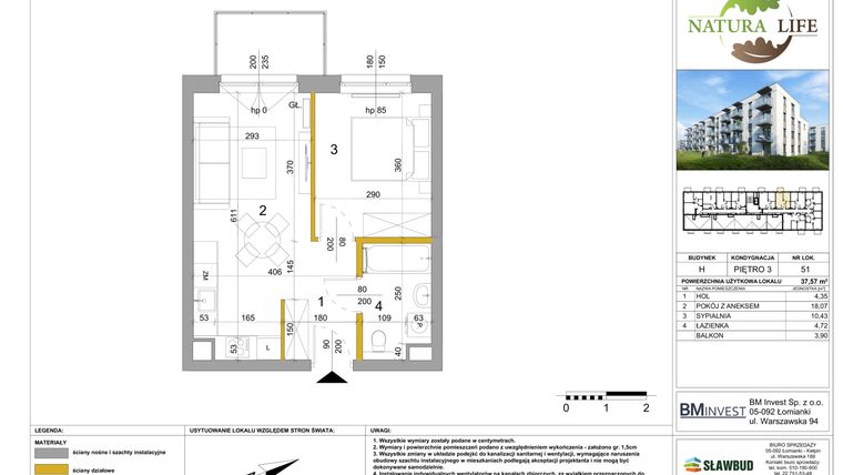 Rzut - Mieszkanie na sprzedaż 2 pokoje o powierzchni 37,66 m² - numer H.51 w Osiedle Natura Life budynki GHI