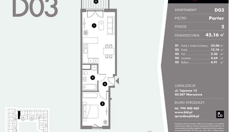 Rzut - Mieszkanie na sprzedaż 2 pokoje o powierzchni 45,16 m² - numer D03 w Livo
