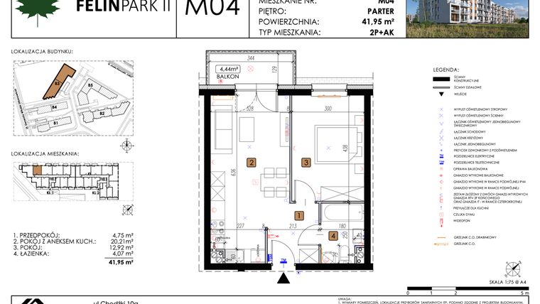 Rzut - Mieszkanie na sprzedaż 2 pokoje o powierzchni 41,95 m² - numer M04 w Felin Park II etap 2