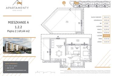 Rzut - Mieszkanie na sprzedaż 3 pokoje o powierzchni 69,44 m² - numer A1.2.2 w Apartamenty Nowe Miasto