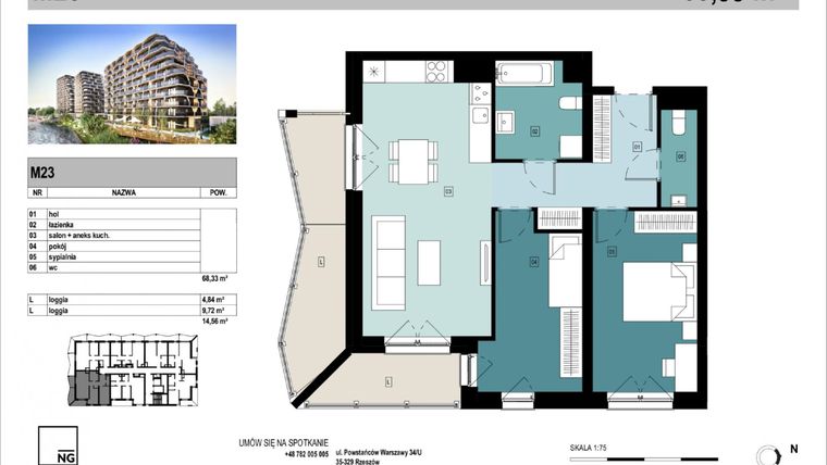 Rzut - Mieszkanie na sprzedaż 3 pokoje o powierzchni 68,33 m² - numer C23 w Panorama Kwiatkowskiego