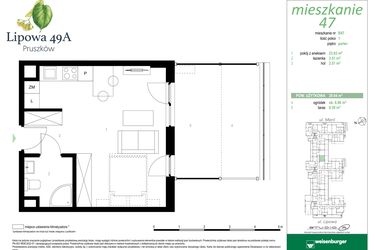 Rzut - Mieszkanie na sprzedaż 1 pokój o powierzchni 29,94 m² - numer 47B w Lipowa 49A