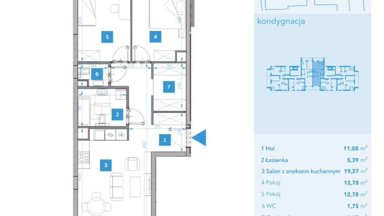 Rzut - Mieszkanie na sprzedaż 3 pokoje o powierzchni 67,7 m² - numer 19 w Apartamenty Macadamia