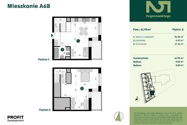 Rzut - Mieszkanie na sprzedaż 1 pokój o powierzchni 61,9 m² - numer POGO2/A/6B w Pogonowskiego 52