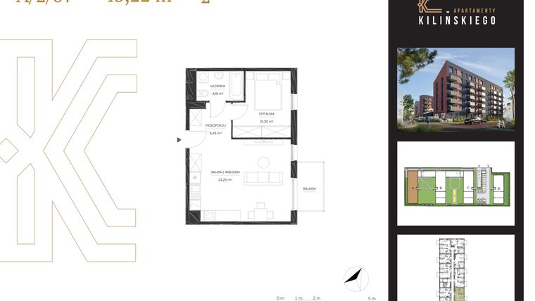 Rzut - Mieszkanie na sprzedaż 2 pokoje o powierzchni 42,9 m² - numer A/2/07 w Apartamenty Kilińskiego