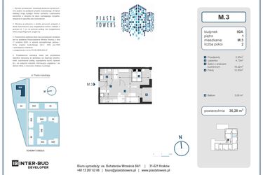 Rzut - Mieszkanie na sprzedaż 2 pokoje o powierzchni 36,28 m² - numer 3 w Piasta Towers bud. 90A