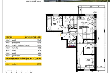Rzut - Mieszkanie na sprzedaż 4 pokoje o powierzchni 63,29 m² - numer A 5.01 w Park Moniuszki II C