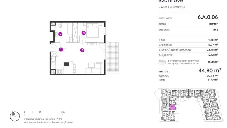 Rzut - Mieszkanie na sprzedaż 2 pokoje o powierzchni 44,8 m² - numer 6.A.0.06 w Murapol Osiedle Szafirove