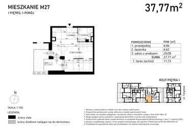Rzut - Mieszkanie na sprzedaż 1 pokój o powierzchni 37,77 m² - numer M27 w Finezja