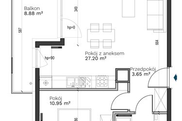 Rzut - Mieszkanie na sprzedaż 2 pokoje o powierzchni 45,97 m² - numer A-18 w Destino