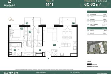 Rzut - Mieszkanie na sprzedaż 3 pokoje o powierzchni 60,62 m² - numer M41 w Sadyba 2.0