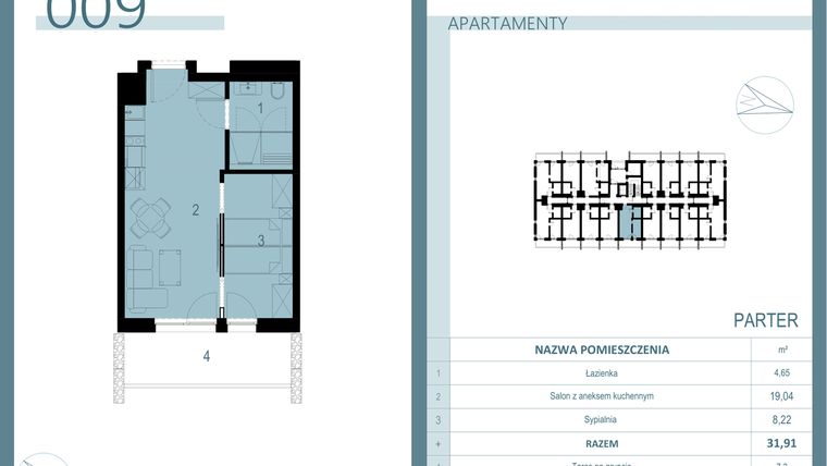 Rzut - Mieszkanie na sprzedaż 1 pokój o powierzchni 32,28 m² - numer 009 w Linea Mare Mrzeżyno