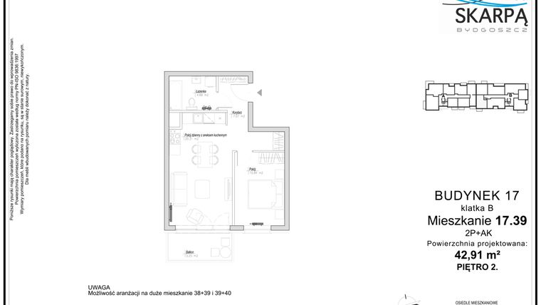 Rzut - Mieszkanie na sprzedaż 2 pokoje o powierzchni 42,91 m² - numer 17.39 w Osiedle pod Skarpą
