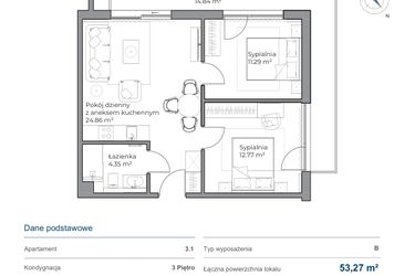 Rzut - Mieszkanie na sprzedaż 3 pokoje o powierzchni 53,09 m² - numer B.3.1 w Anchoria Holiday