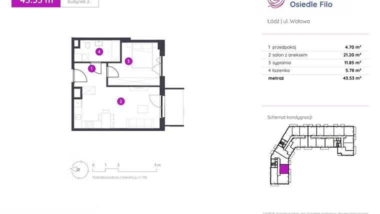 Rzut - Mieszkanie na sprzedaż 2 pokoje o powierzchni 43,53 m² - numer 2.A.9.02 w Murapol Osiedle Filo etap II