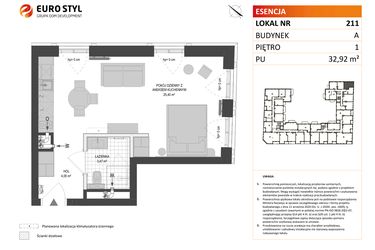 Rzut - Mieszkanie na sprzedaż 1 pokój o powierzchni 32,92 m² - numer A.211 w Esencja - Apartamenty inwestycyjne