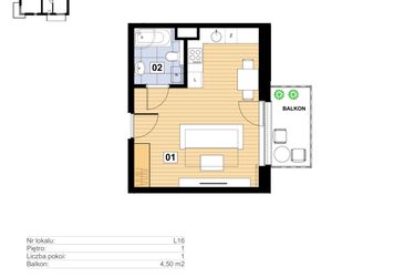Rzut - Mieszkanie na sprzedaż 1 pokój o powierzchni 27,5 m² - numer L-16 w Mickiewicza 21 Residence