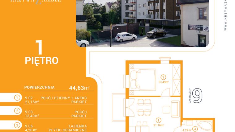 Rzut - Mieszkanie na sprzedaż 2 pokoje o powierzchni 44,63 m² - numer M9 w Krzywa Zacisze