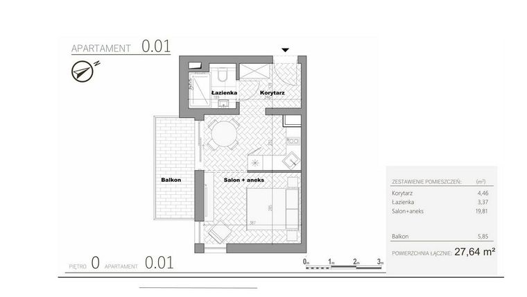 Rzut - Mieszkanie na sprzedaż 1 pokój o powierzchni 27,64 m² - numer 1.1 w Villa Książąt Pomorskich