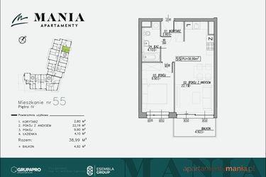 Rzut - Mieszkanie na sprzedaż 2 pokoje o powierzchni 38,99 m² - numer 55 w MANIA Apartamenty