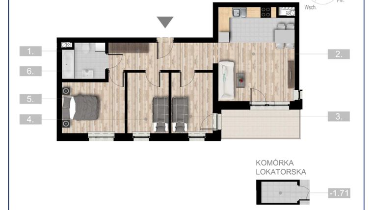 Rzut - Mieszkanie na sprzedaż 4 pokoje o powierzchni 64,09 m² - numer 28 w Szczytno Dąbrowskiego - etap 2