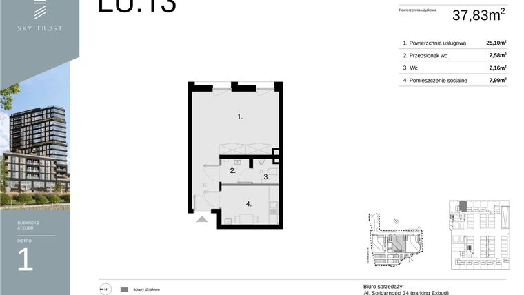 Rzut - Lokal użytkowy na sprzedaż 1 pokój o powierzchni 37,83 m² - numer LU13 w Sky Trust etap II