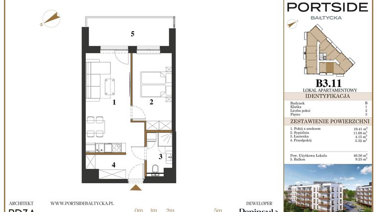 Rzut - Mieszkanie na sprzedaż 2 pokoje o powierzchni 40,56 m² - numer B3.11 w Portside Bałtycka