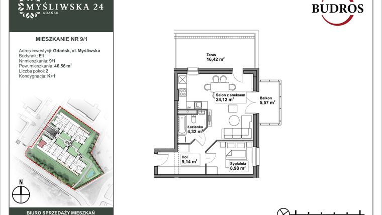 Rzut - Mieszkanie na sprzedaż 2 pokoje o powierzchni 46,56 m² - numer E1.9.1 w Myśliwska 24