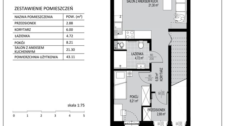 Rzut - Mieszkanie na sprzedaż 2 pokoje o powierzchni 43,11 m² - numer C11 w Kowalove etap 2
