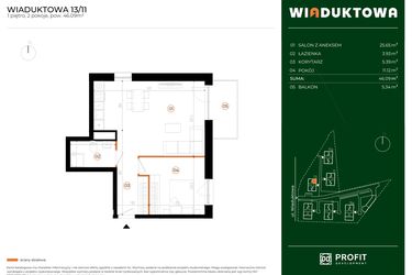 Rzut - Mieszkanie na sprzedaż 2 pokoje o powierzchni 46,09 m² - numer 13.11 w Wiaduktowa