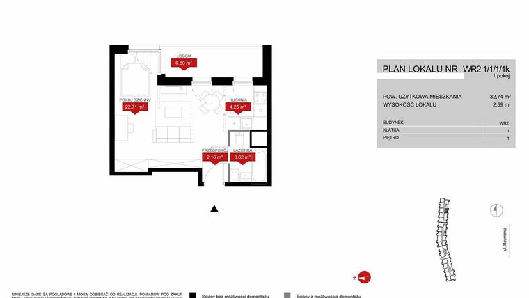 Rzut - Mieszkanie na sprzedaż 1 pokój o powierzchni 32,74 m² - numer WR2 1/1/1/1k w Przystań Reymonta